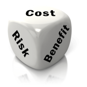 cost risk benefit white dice